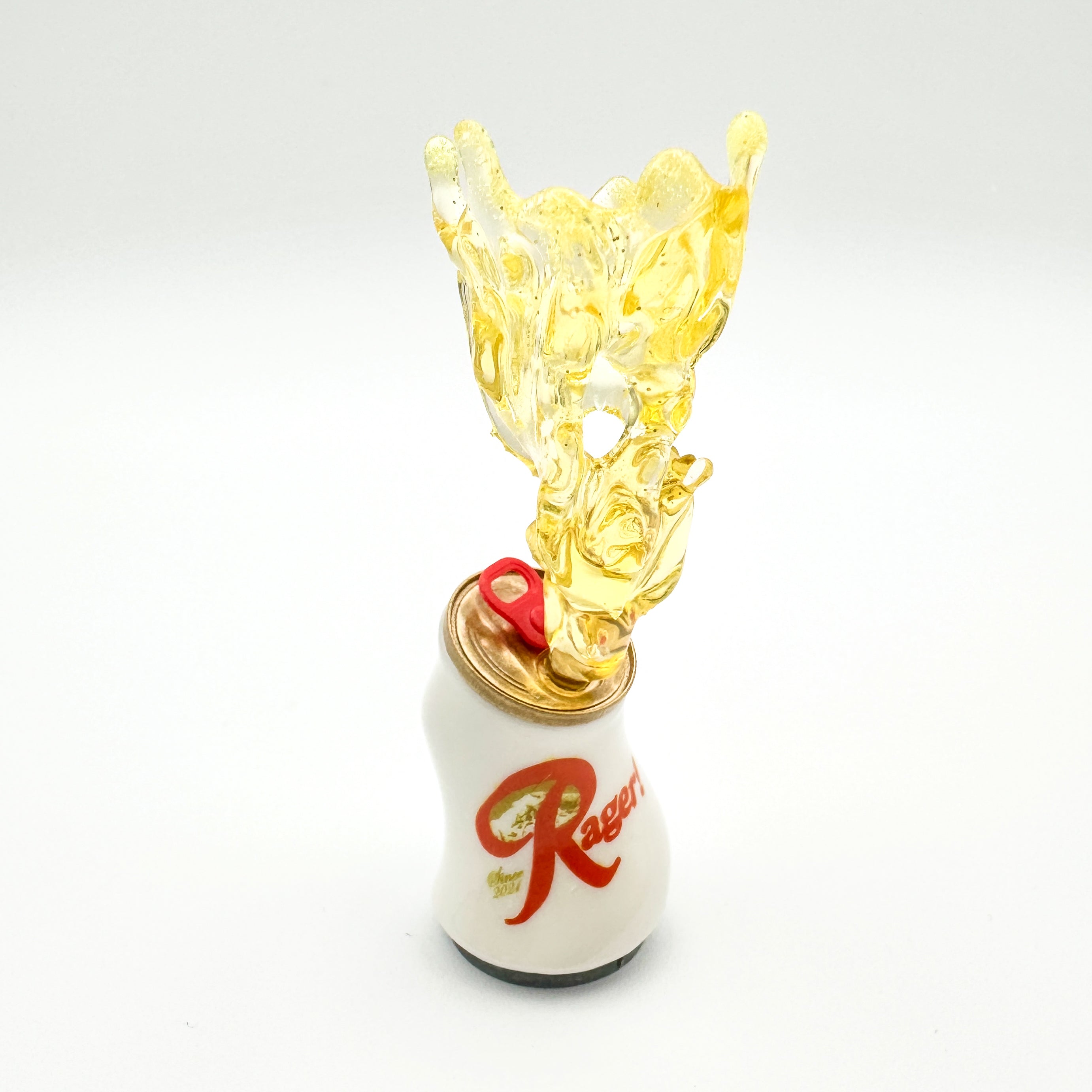 Hello World - RAGER! by JFO, a small resin art toy in a white and yellow can with a distinctive red lid.