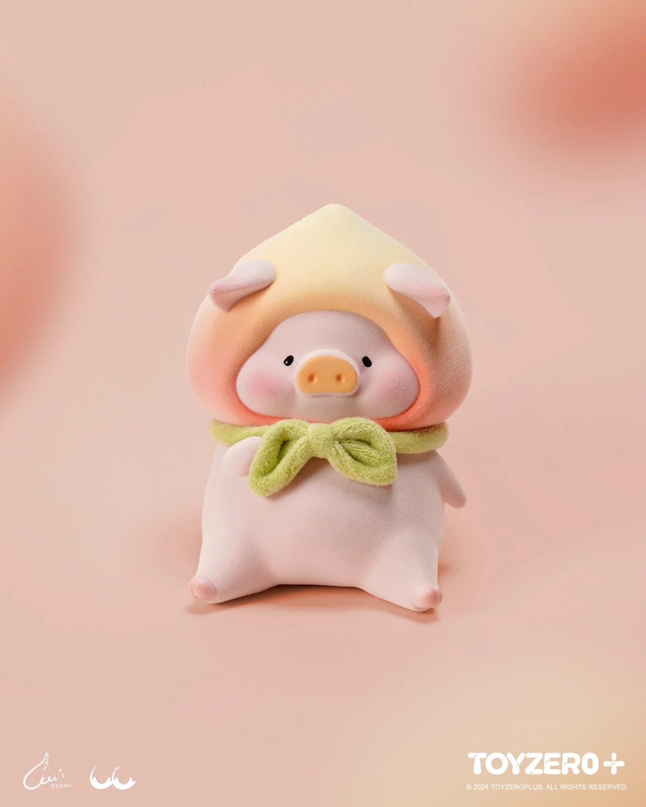 LuLu The Piggy - XL SWEET PEACH toy wearing a yellow hat, preorder available, 11.5cm tall. Ships Aug 2024. Limited quantity, first come, first served.