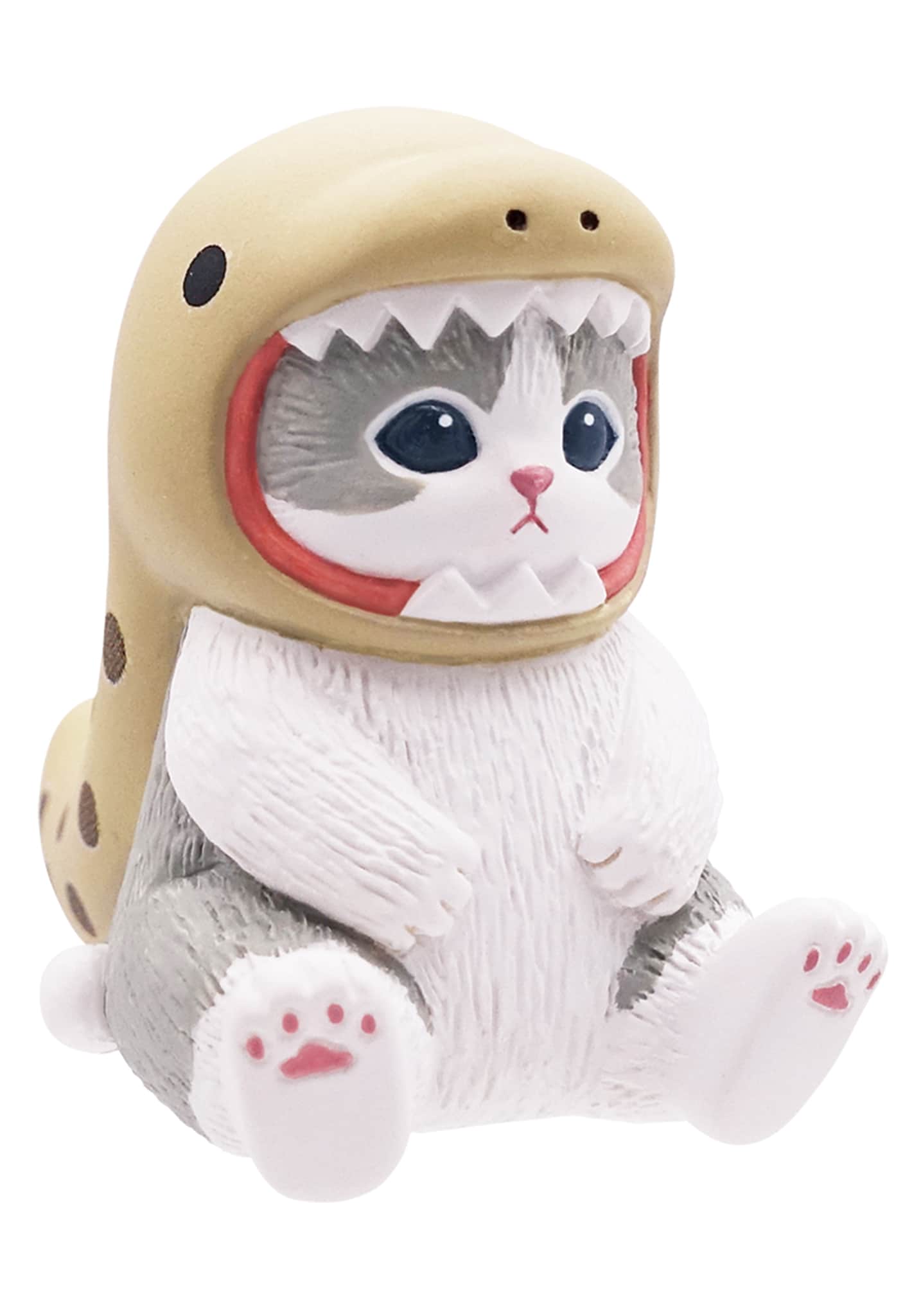 Mofusand Sitting Aquarium Cat Blind Box featuring a ceramic cat figurine in a shark outfit, perfect for toy collectors and cat enthusiasts.