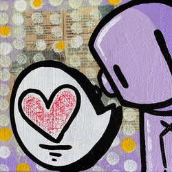 Close-up mixed medium canvas art of a man and heart, part of 'Where Have I Seen This Before - Keep Talking by Chris RWK'