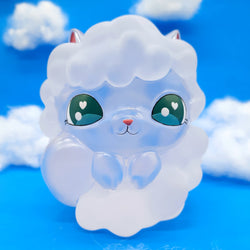 Kumo Kitty toy made from high-grade resin, featuring a white fluffy animal inside a clear plastic, limited edition of 50 pieces, 4 inches tall.