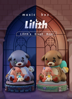 Toy doll, bear, and figurine on shelf, doll on chair, logo close-ups, purple object, and more from Lilith's Great Bear - Silent Castle Music Box.