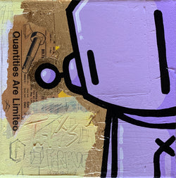 Child-like drawing of a purple robot, a close-up of a painting, and a graffiti artwork on cardboard.