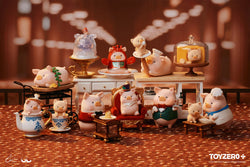 A group of toy pigs in various outfits and poses, including a chef and one holding a drink, part of LuLu the Piggy Grand Dining Blind Box Series.