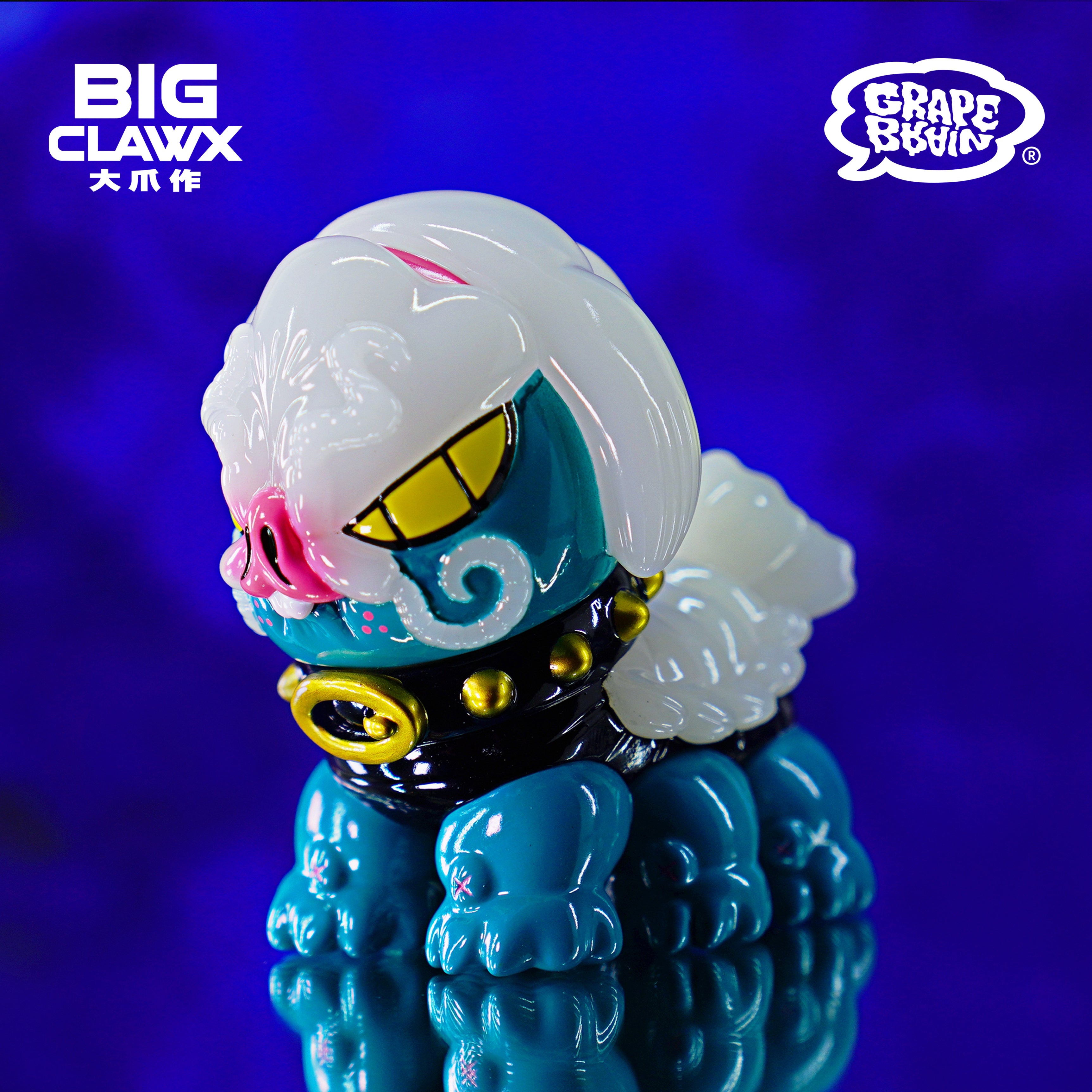 A soft vinyl toy featuring a cartoon octopus character, part of the Cola - GID Blue by BigClaw x Grape Brain collection.