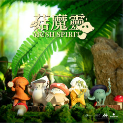 A blind box series titled Mush Spirit by Strangecat Toys. Features small figurines of mushrooms, cartoon characters, and more. Preorder now for July 2024.