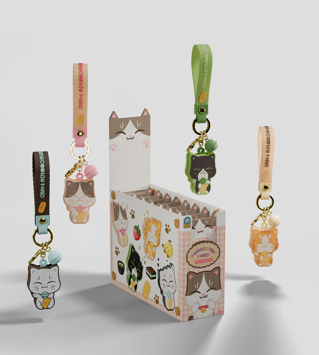 Manecookie Neko Keychain Blind Box featuring cat-themed keychains in a box, including keyring, bag clip, strap, and bell.