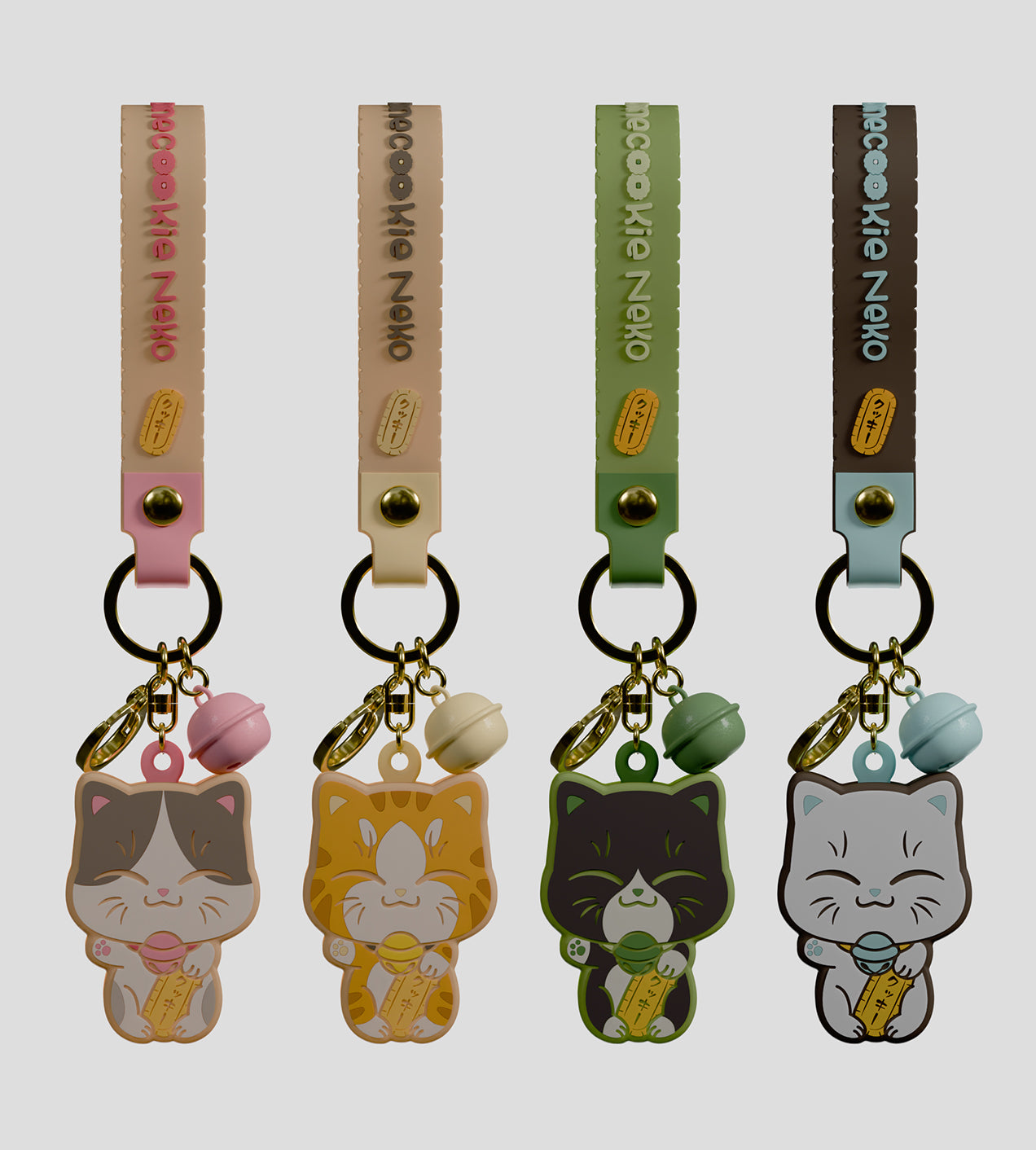 Manecookie Neko Keychain Blind Box featuring cartoon cat charms, includes keyring, bag clip, strap, and bell. Silicone material, designed by FigCat.