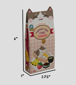 Manecookie Neko Keychain Blind Box featuring cat design and measurements, includes keyring, bag clip, strap, and bell.