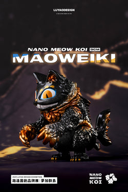 Nano Meow Koi Blind Box Series - Preorder featuring a black and gold cat statue, part of a 6-design collectible art toy collection. Ships April 2025.