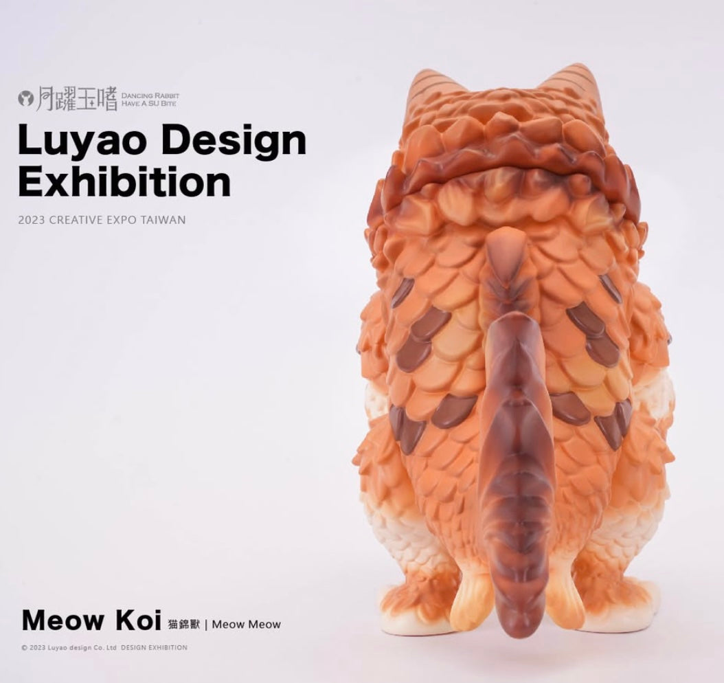 Meow Koi Orange vinyl toy, 19cm, featuring an animal design, close-up view emphasizing detailed craftsmanship, aligning with Strangecat Toys' art toy collection.