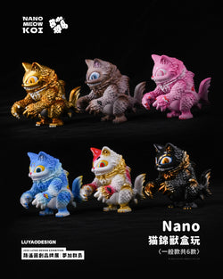 Nano Meow Koi Blind Box Series, featuring colorful toy cat designs, available for preorder. Includes six regular designs and one secret. Ships April 2025.