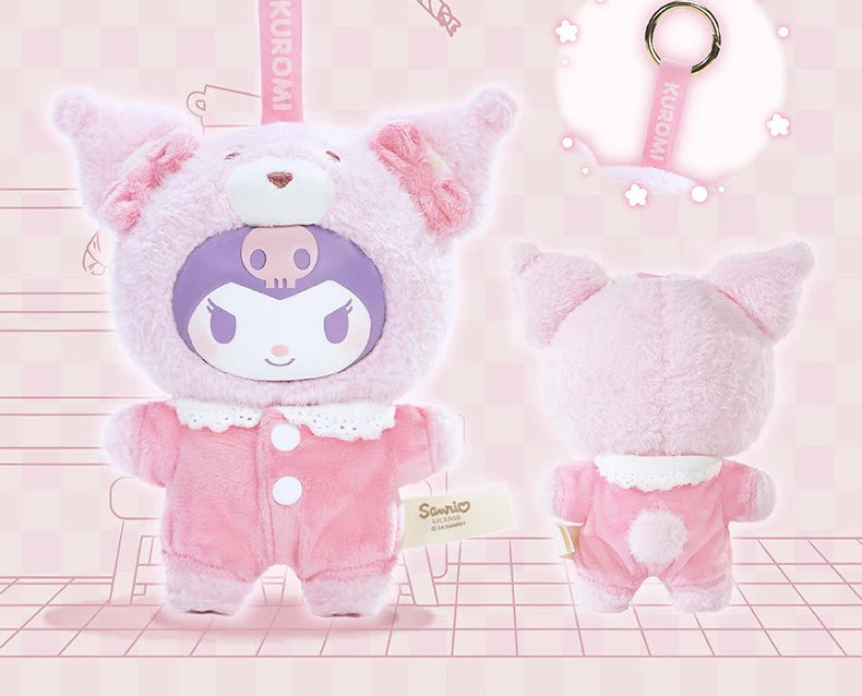 Kuromi Peach Baby Plush Keychain Blind Box featuring a pink stuffed animal with a pink and purple face, perfect for collectors of art toys.