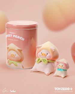 LuLu The Piggy - XL SWEET PEACH preorder toy with a cartoon pig on a pink can, includes one 11.5cm tall pig doll.