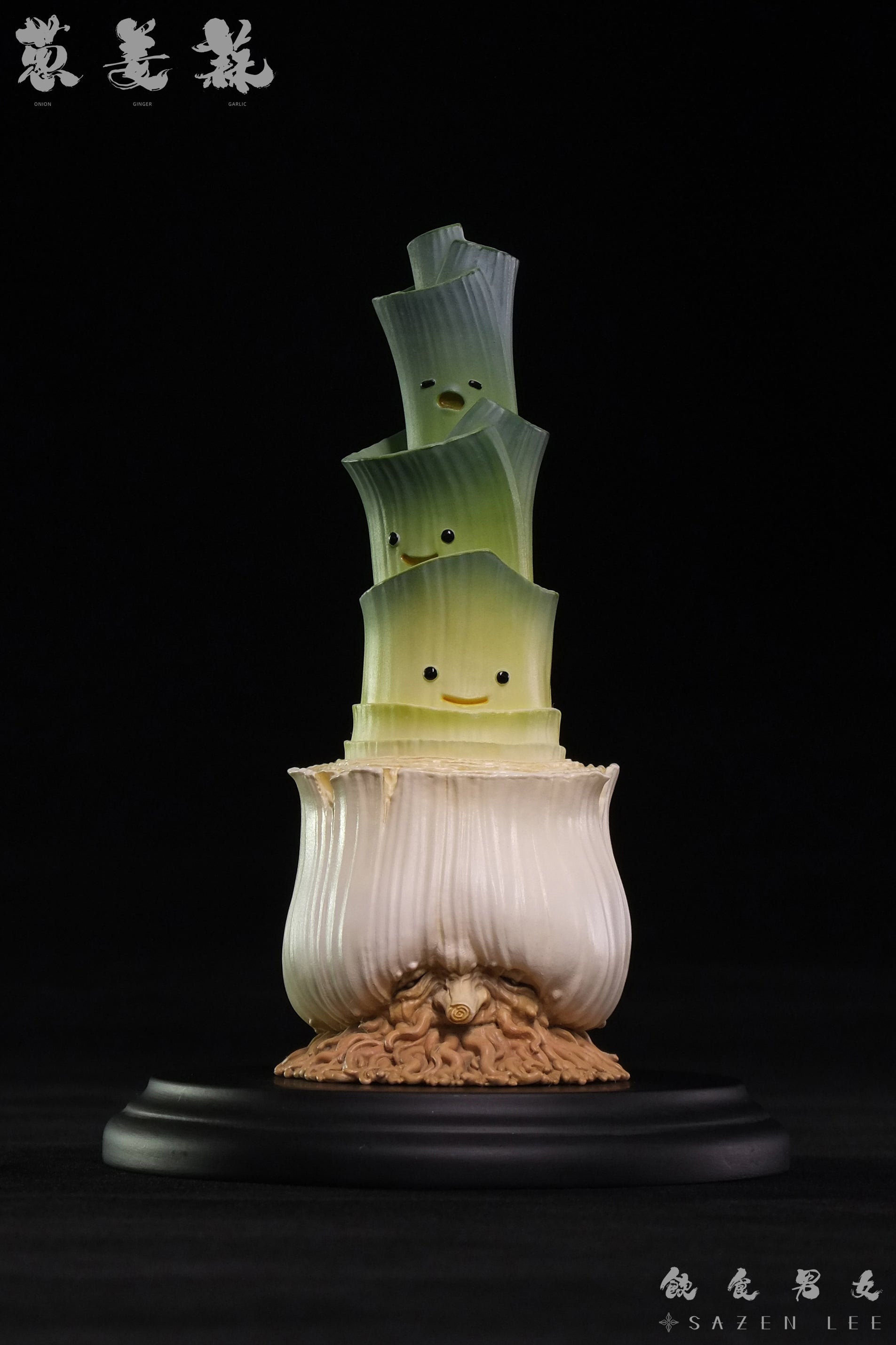 Food Series-Onion sculpture with faces, close-up view, preorder.