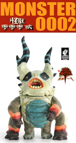 Monster0002 by 1000 Tentacles vinyl series toy: cartoon character with horns, open mouth, teeth, and beak sculpture.