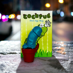 Toy cactus in pot next to box, 3.5 tall. Limited edition Cocktus - Blue Balls by Simon Says Macy.