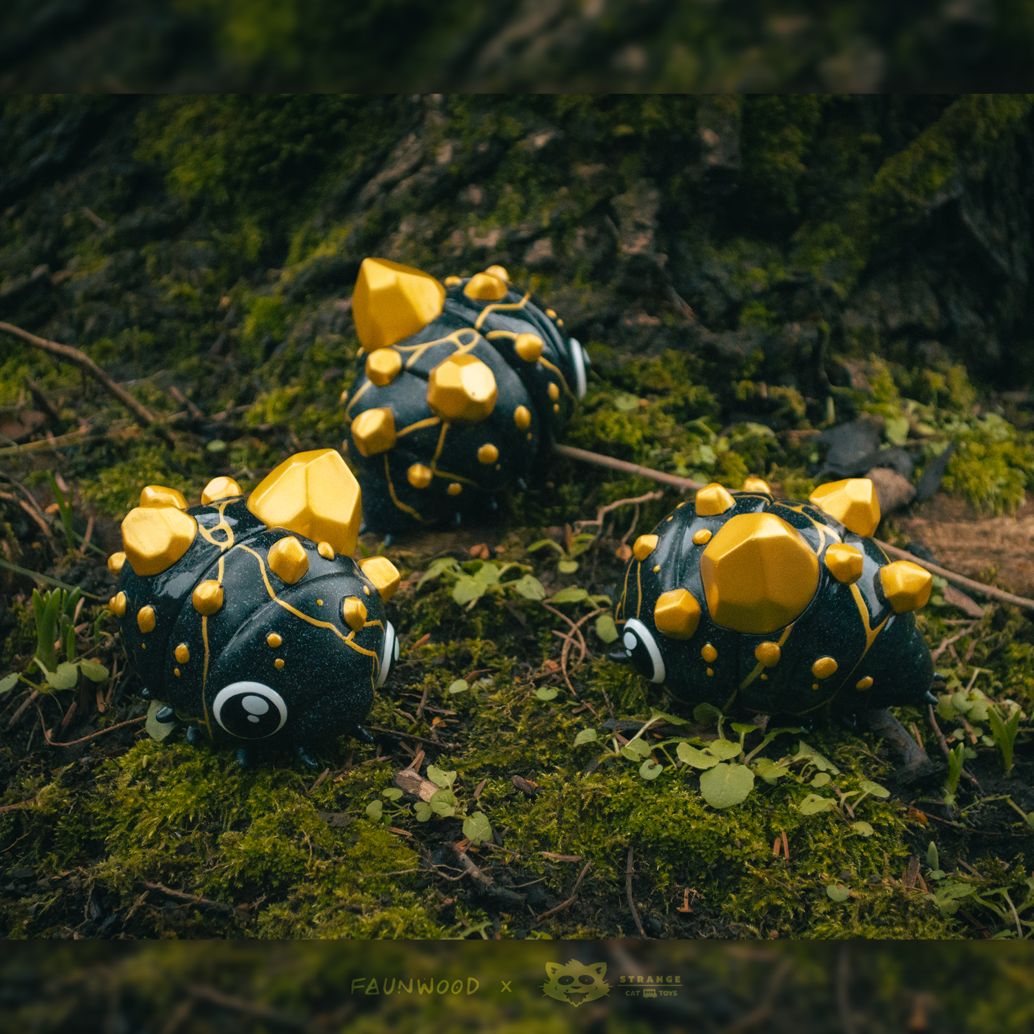 Gempod - Podsugi toy, Kintsugi-inspired, black and gold with spikes, soft vinyl, 4x3, limited edition of 100 pieces by Faunwood.