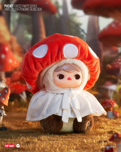 A vinyl plush pendant in a mushroom outfit, part of the PUCKY FOREST PARTY SERIES blind box collection.