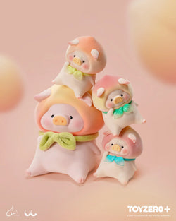 Alt text: LuLu The Piggy - XL SWEET PEACH preorder, featuring an 11.5cm tall stuffed toy pig in a garment with a blue bow.