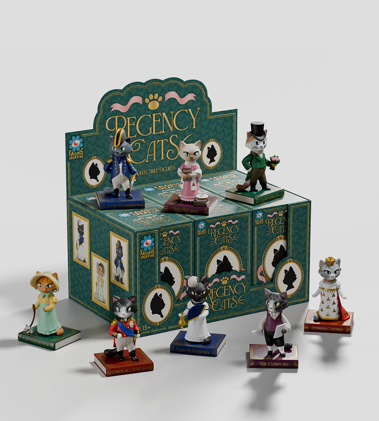 Regency Cats Blind Box features whimsical cat figurines atop books, accessorized for storytelling. Each set includes unique props for creative play.