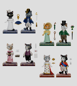 Regency Cats Blind Box featuring elegant cat figurines in themed attire with various props, inspired by the whimsical stories of Clawbury's Regal Kitty Society.