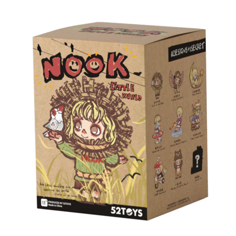 NOOK's Little World Blind Box Series featuring cartoon characters on packaging, offering 8 regular designs and 1 secret surprise in each case.