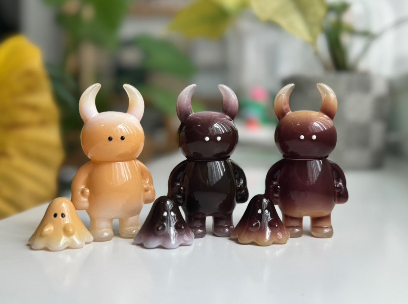 UAMOU & Boo Cafe Japanese Sofubi figures, 90mm, limited to 20 pieces, displayed in a group of small plastic toys.