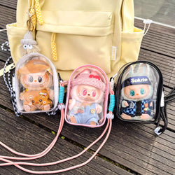 Protect Case 15cm Cotton Doll Shoulder Bag, featuring toys in clear bags, designed for PVC dolls. Ideal for art toy enthusiasts and collectors.