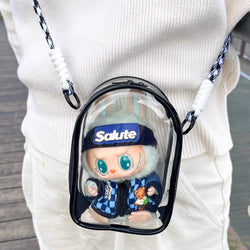 15cm PVC Protect Case Cotton Doll Shoulder Bag in a clear case, showcasing a small toy suitable for art and blind box collectors.