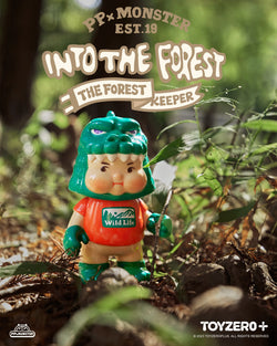 A toy figurine exploring the forest with a kerosene lamp, embodying the guardian of nature.