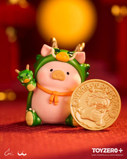 LuLu the Piggy figurine with dragon robe and coin, symbolizing luck and fortune.