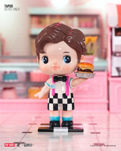 A toy doll from Tapoo Retro Diner Blind Box Series holding a burger.