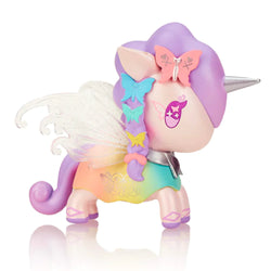 A limited edition Tokidoki Butterfly Fairy figure, featuring a unicorn with wings and butterflies, accompanied by a sticker sheet. Embrace nature's beauty with this enchanting blind box art toy.