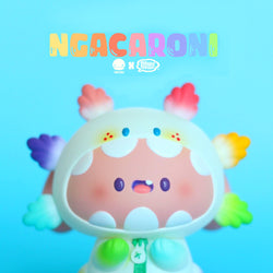 Ngacaroni rainbow toy by Ngaew x Grape Brain, a limited edition soft vinyl figure with a face and animal figure details.