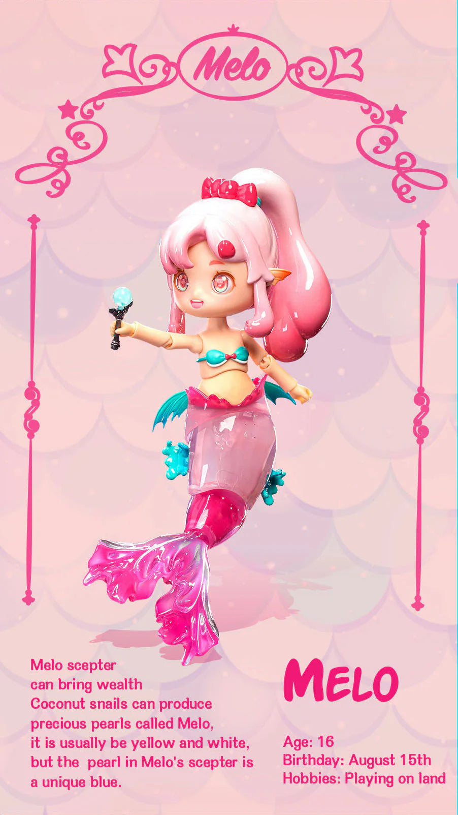 A toy mermaid holding a wand from AIYE - Mermaid BJD Island Blind Box Series at Strangecat Toys. Includes 6 regular designs and 1 secret.