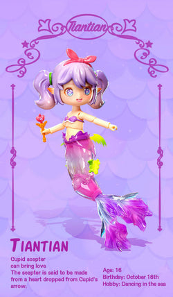 A toy mermaid holding a flower and wand from AIYE - Mermaid BJD Island Blind Box Series at Strangecat Toys. Includes 6 regular designs and 1 secret.