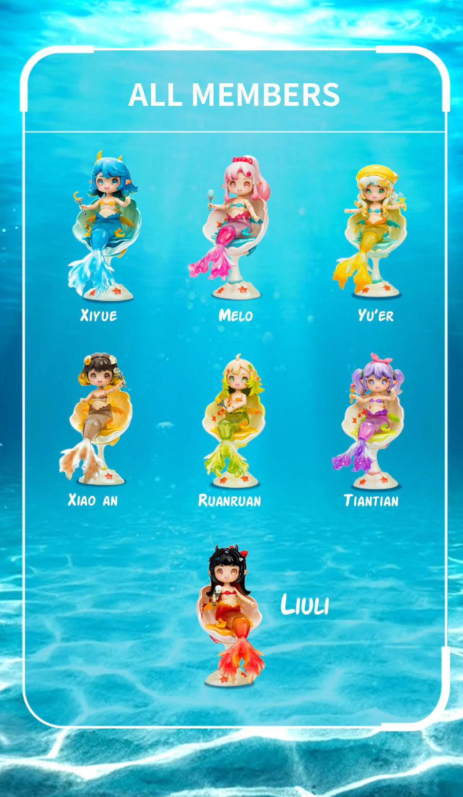 A blind box series featuring AIYE - Mermaid BJD Island. Toy mermaid with a skull, shell, flower, chair, and staff. 6 regular designs and 1 secret.