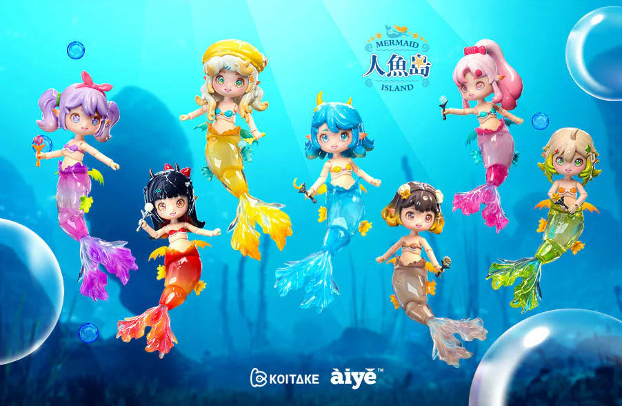 A group of animated toy mermaids from the AIYE - Mermaid BJD Island Blind Box Series at Strangecat Toys. Includes designs with wands, fish tails, and more.