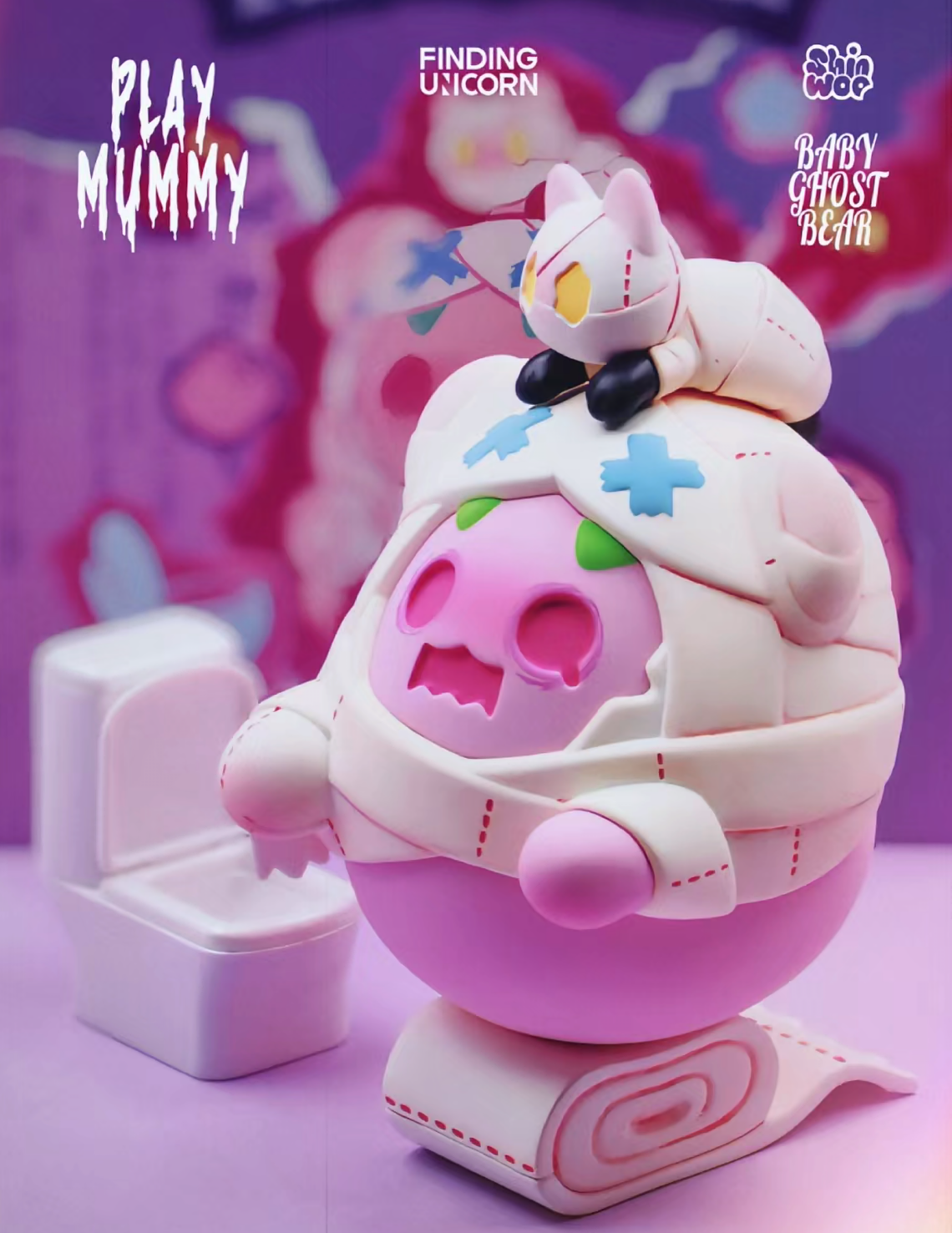 ShinWoo Play Mummy Figure toy on a toilet with pink and white details, close-up views of various parts.