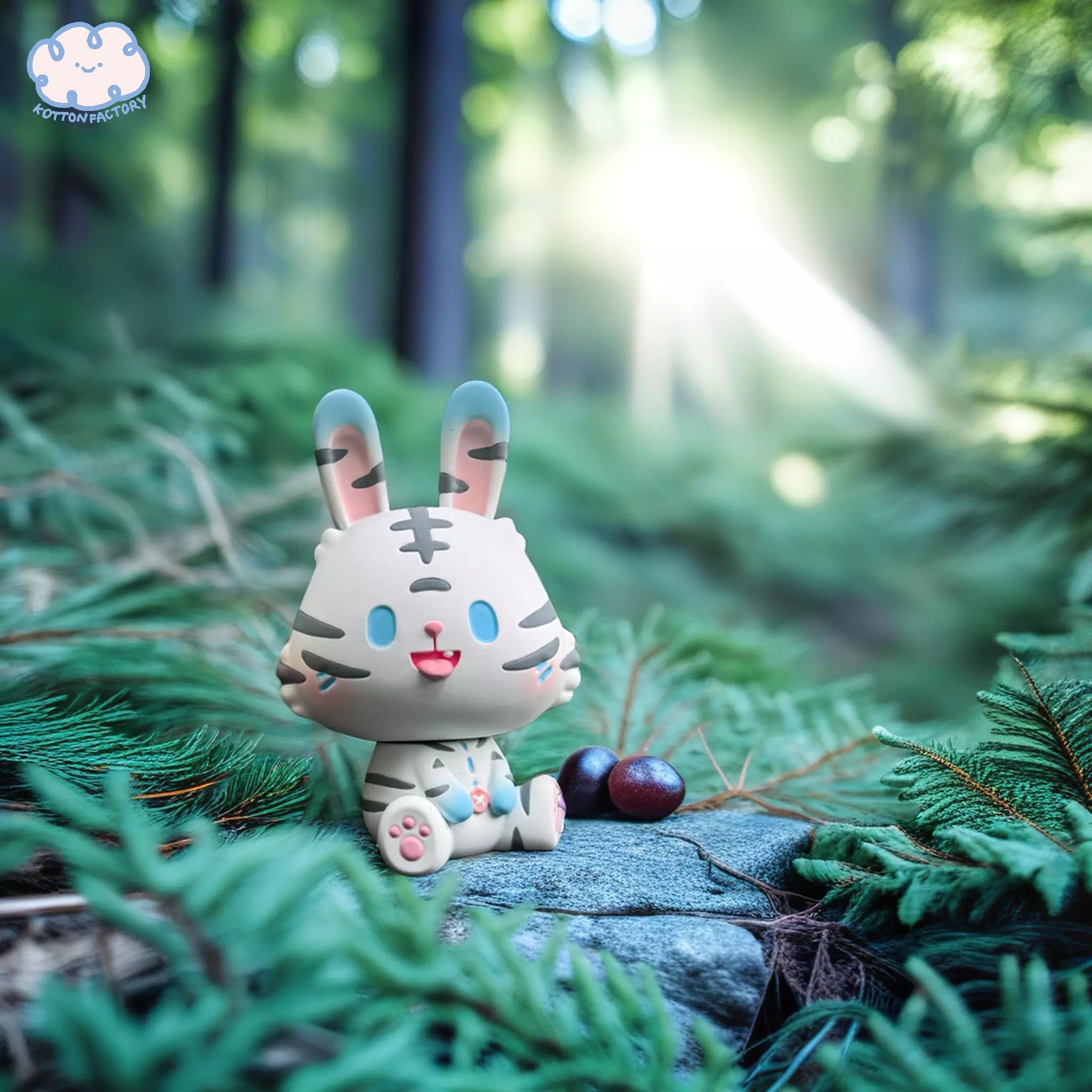 Toy animal, Tiger - White & Rainbow Robin by Kotton Factory, sitting on a rock in the woods. Resin, 10cm, limited to 100 pieces.