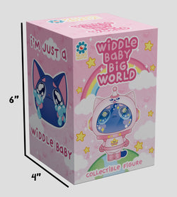 Widdle Baby Blind Box featuring a cartoon cat character on packaging, includes 6 designs and 1 secret, made from PVC and ABS.