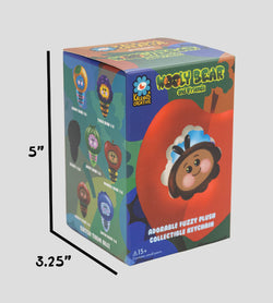 Wooly Bear and Friends Plush Keychain Blind Box featuring cartoon characters and a removable fruit hat, includes six common designs and one rare.