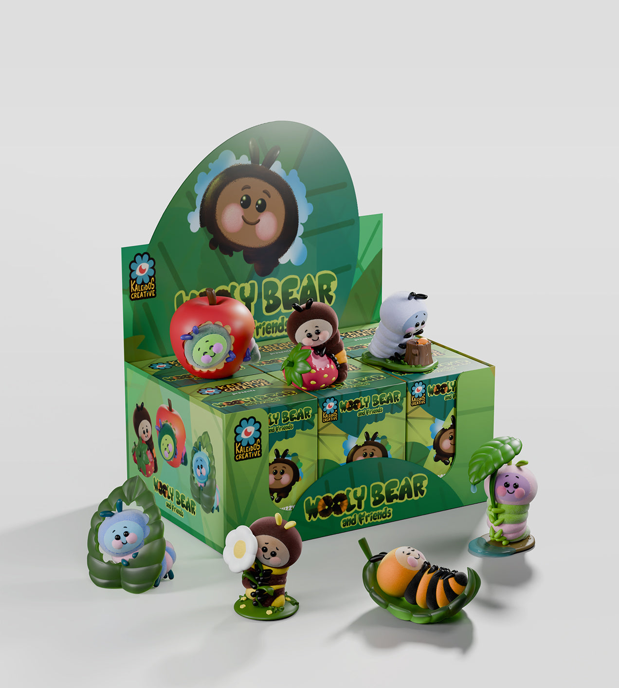 Wooly Bear and Friends Vinyl Blind Box features toy bugs and animals, including a strawberry-holding bug and a leaf-sleeping bee, crafted from PVC and ABS.