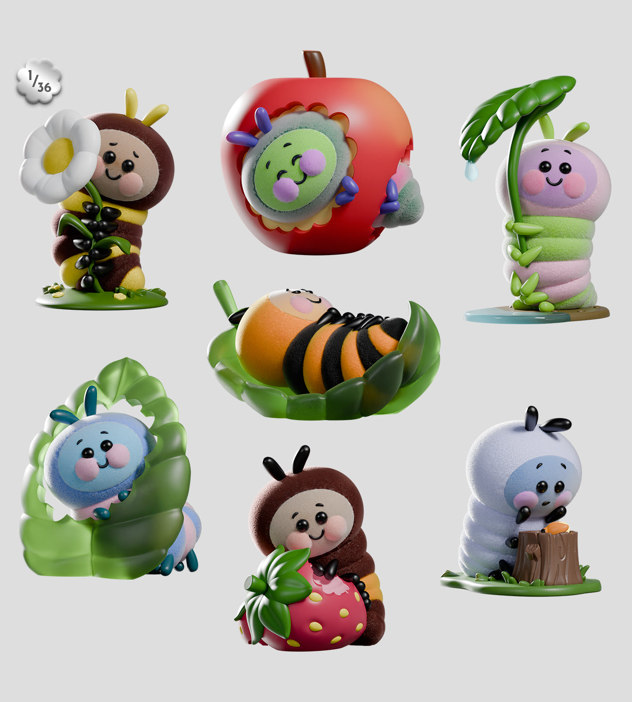 Wooly Bear and Friends Vinyl Blind Box featuring cartoon bugs holding fruits and leaves, designed for tactile engagement. Contains six designs and one secret figure.