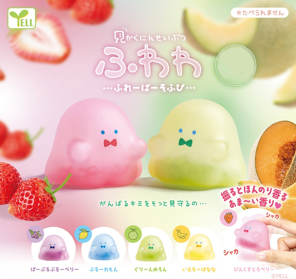 Visible Animals Fluffy Fruit Gacha Series featuring toys resembling fruits and animals, including a pink object and melon close-up, part of Strangecat Toys' collection.