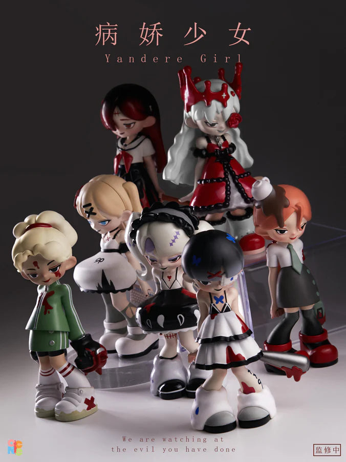 Yandere Girls Blind Box Series figurines, including cartoon characters and toys, with one character having blood on their face.