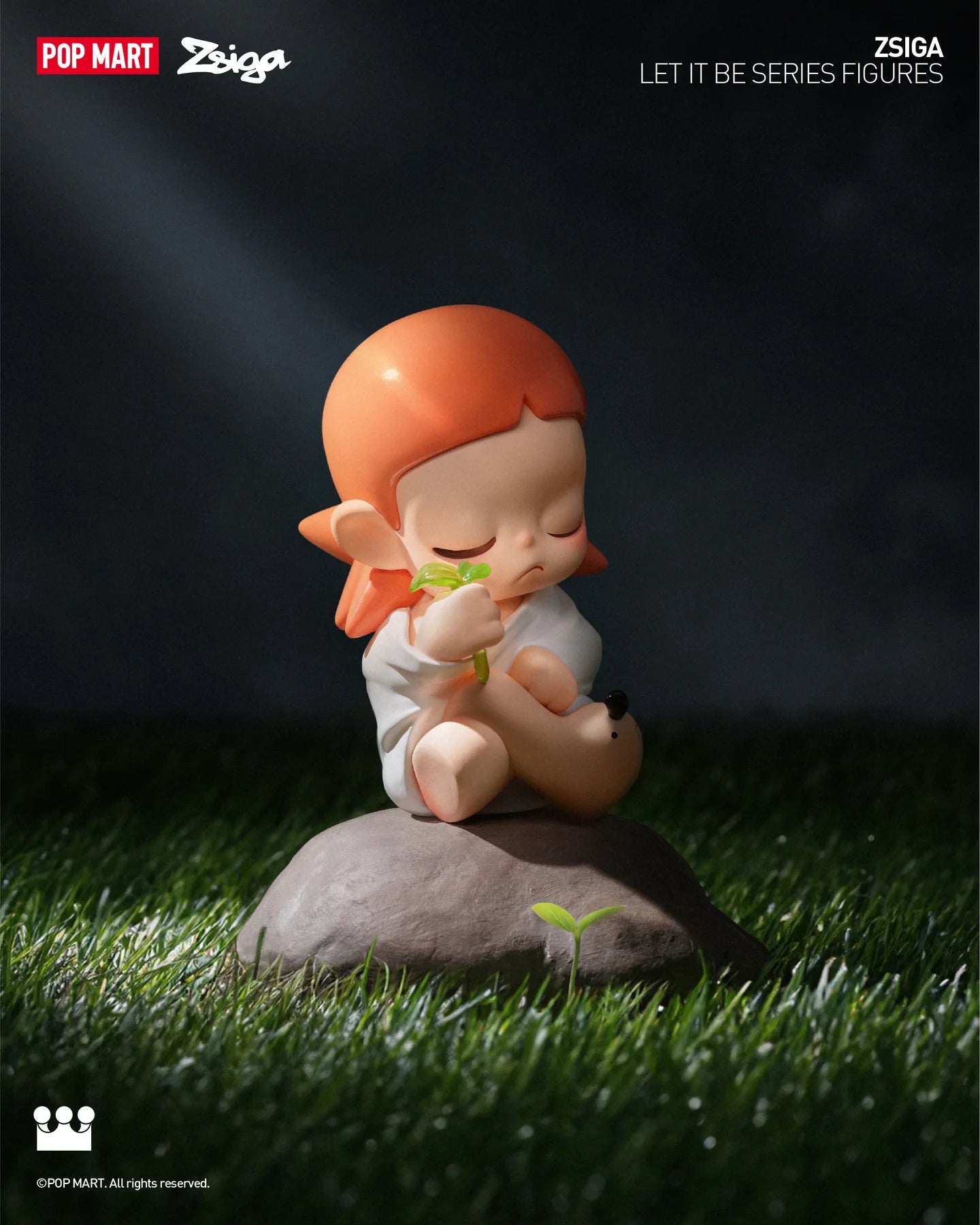 A blind box series featuring Zsiga Let It Be figurines on grass, a cartoon character toy on a rock, and a baby figurine. Preorder for June 2024.