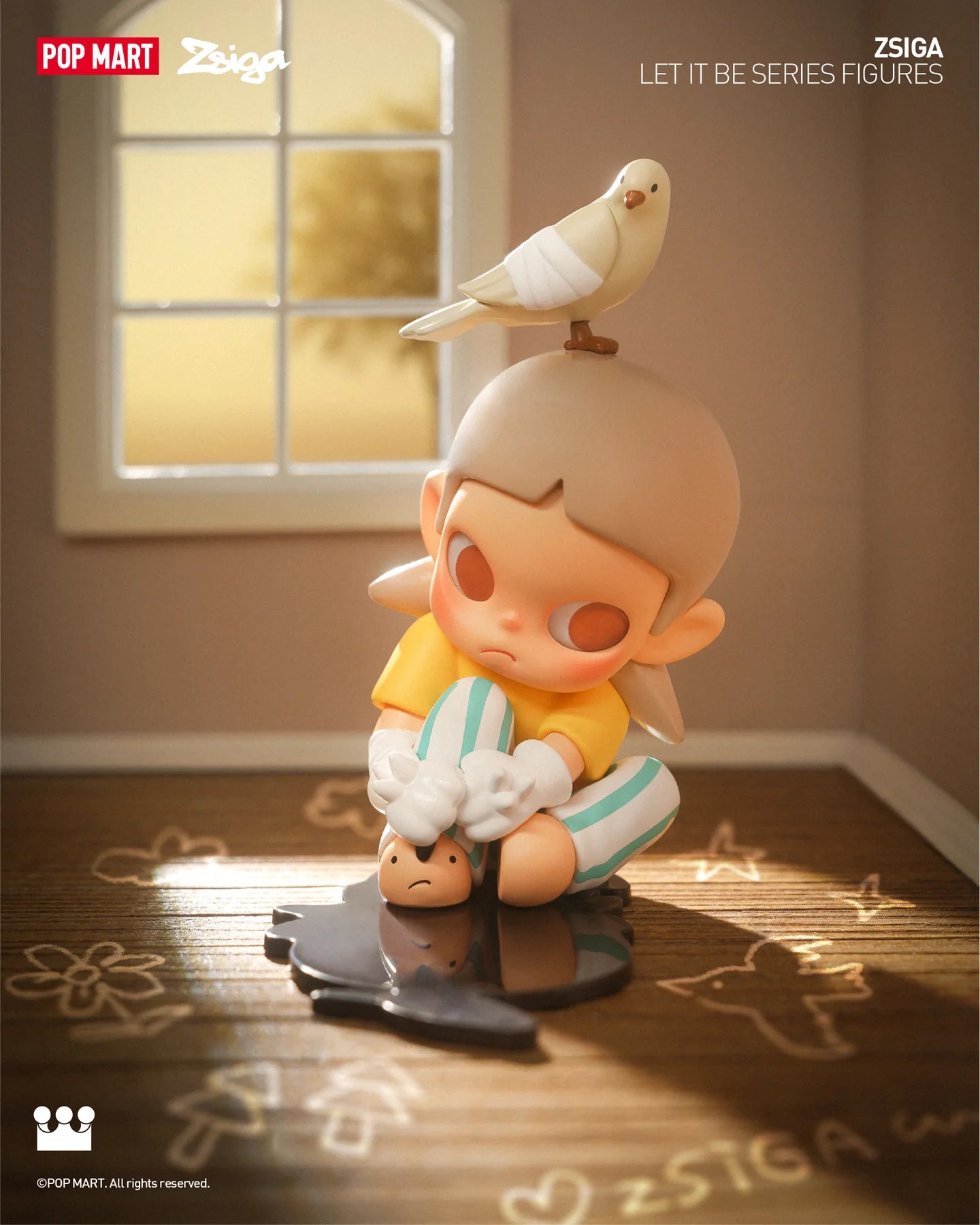 A blind box preorder: Zsiga Let It Be Box Series - Preorder. Toy figurine with a bird, cartoon character, and bandaged bird. Reflects Strangecat Toys' blind box and art toy store essence.