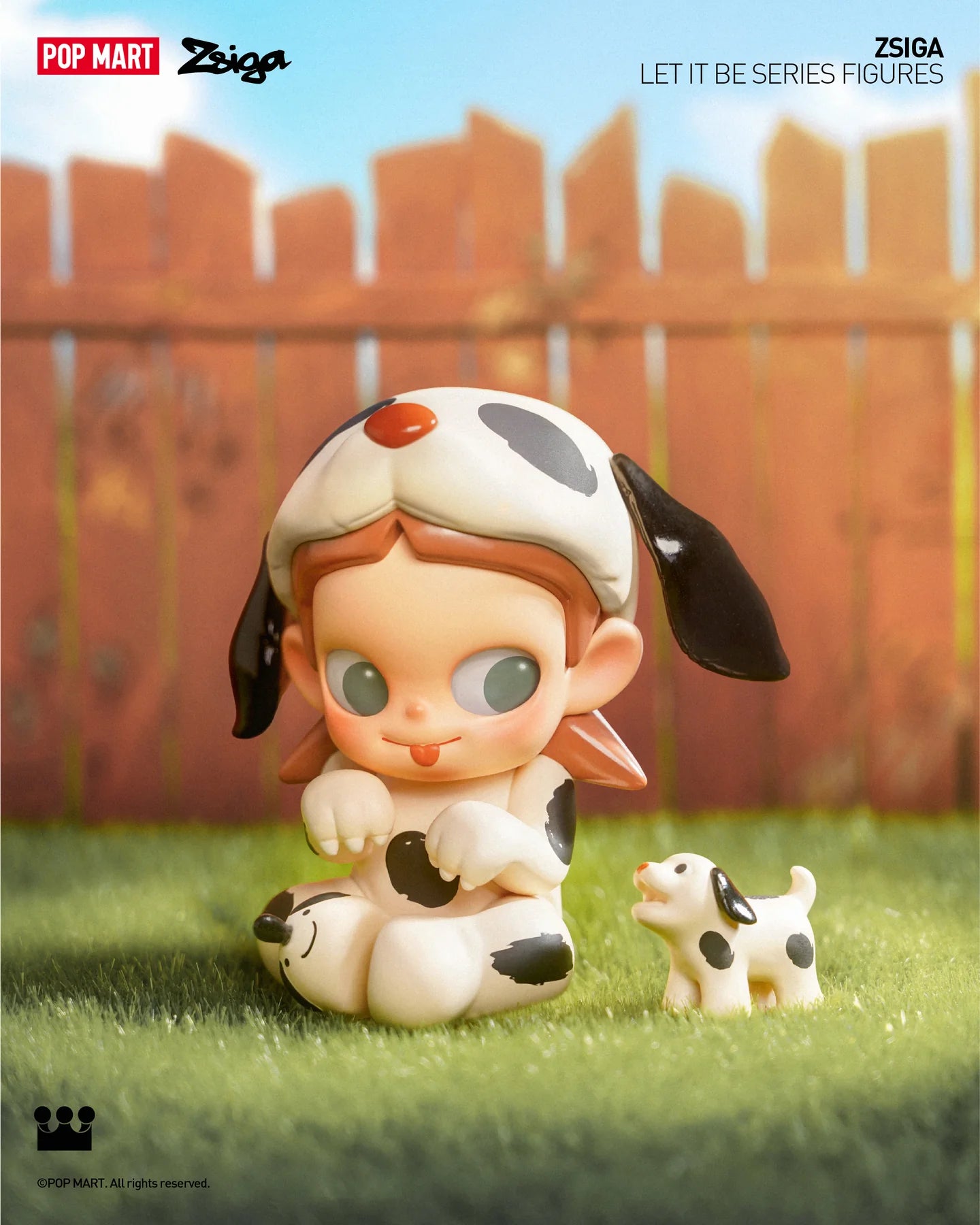 A blind box series featuring Zsiga Let It Be Box, with a toy doll and dog figurines on grass. Preorder now for June 2024.